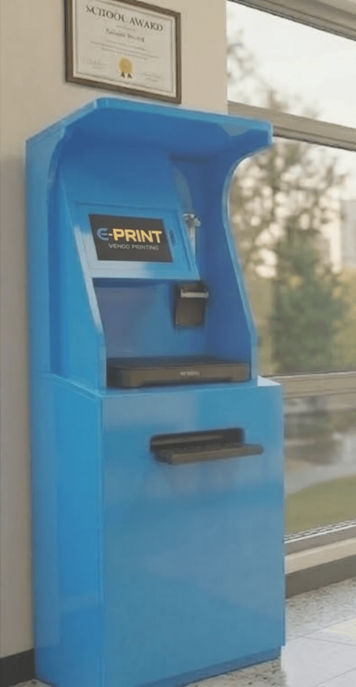 E-Print self-service printing kiosk installed in a school hallway